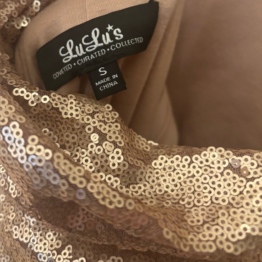 Lulu’s High Neck Cowl Back Maxi Sequin Dress, Gold/Tan, Size S - Picture 9 of 14